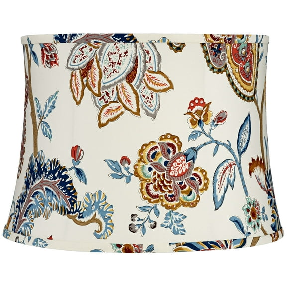 Springcrest White with Paisley Print Medium Drum Lamp Shade 14" Top x 16" Bottom x 11.5" High (Spider) Replacement with Harp and Finial