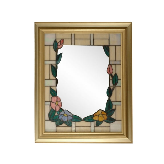 Art Glass Designs 34" Gold and Green Framed Rectangular Peony Wall Mirror