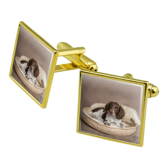 Springer Spaniel Puppy Dog Basket Bed Square Cufflink Set - Silver or Gold