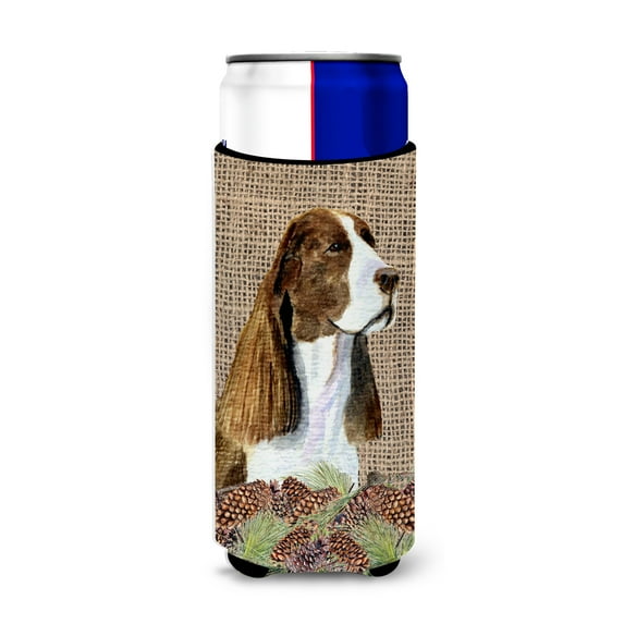 Springer Spaniel on Faux Burlap with Pine Cones Ultra Hugger for slim cans