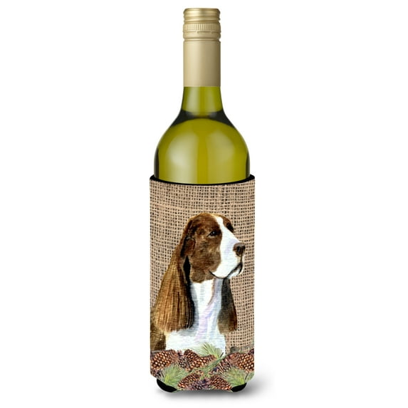 Springer Spaniel on Faux Burlap with Pine Cones Wine Bottle Hugger