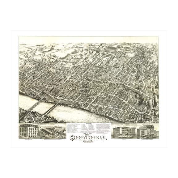 Springfield Art, 1875 Vintage Map of Springfield Massachusetts, MA History Wall Decor Gift, Old Springfield Map - 24" x 18" Unframed Print