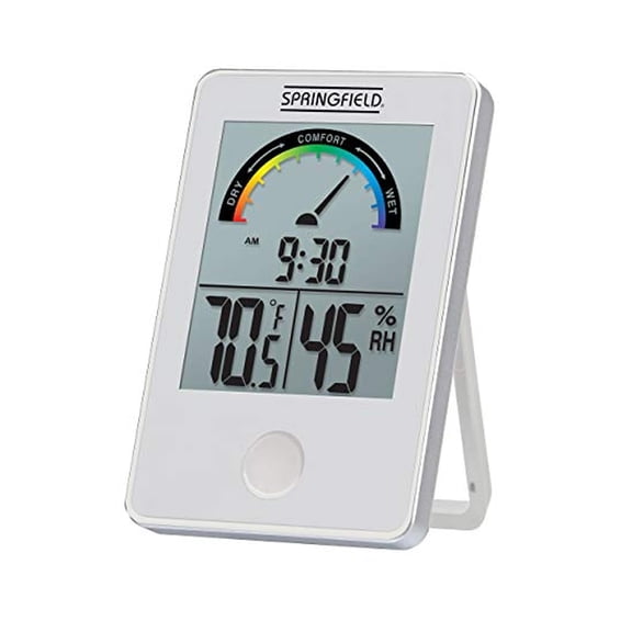 Springfield Wireless Indoor Comfort Level Thermometer Digital Temperature & Humidity Monitor with Clock & Memory, 14F to 122F Range, Tabletop Room Gauge with Plastic Display (White)