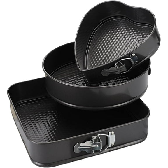 Springform Cake Pan Baking Set: 3 Pieces Round Square Heart Shaped Cake Pans with Removable Bottom, Non-Stick Cheesecake Pan, Quick Release Latch Carbon Steel Bakeware (Black, Combination)