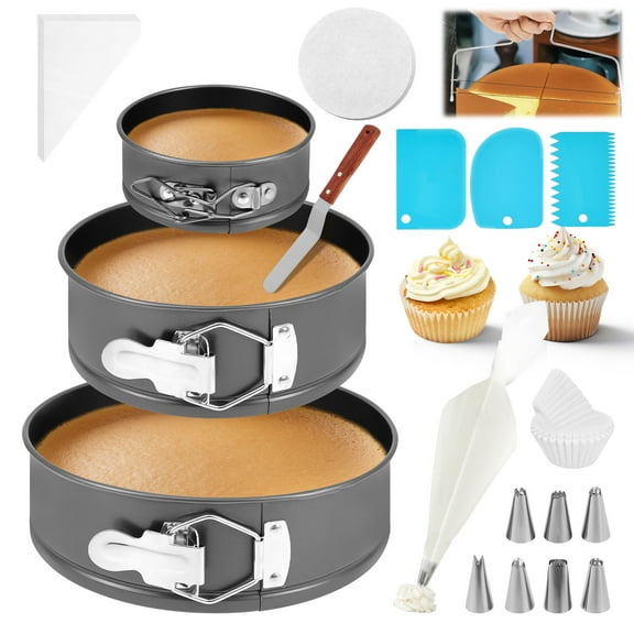 Springform Cake Pan Set ,102Pcs Cake Pan Set Cake Decorating Kit ,3 Non-stick Leakproof Round Cheesecake Pan with Removable Bottom, Circle 3 Pieces 4" 6" 8" Springform Pans for Baking