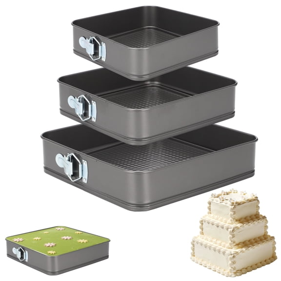 Springform Cake Pan Set of 3, 9"/10"/11" Non-stick Square Cheesecake Pans with Removable Bottom, Leakproof Carbon Steel Bakeware for Layered Cakes, Pizza