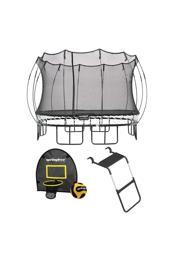 Outdoor Square 11 Foot Trampoline, Enclosure, Hoop Game, and Ladder