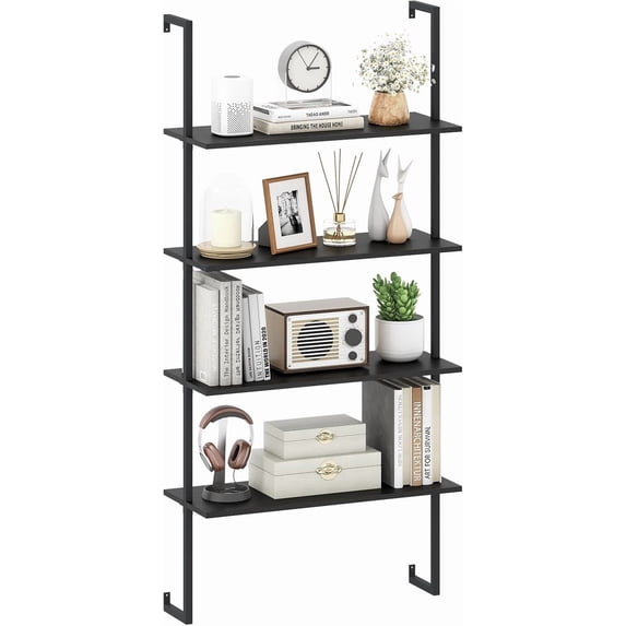 Springg 4-Tier Wall-Mounted Bookshelf, Industrial Modern Floating Storage Display Shelves with Metal Frame, Wall-Mounted Ladder Wooden Bookcase for Living Room, Kitchen, Bar, Office (1, Black)