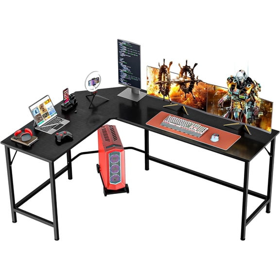 Springg 66" L Shaped Gaming Corner Computer Desk with CPU Stand and Foot Rest Bar, PC Laptop Study Table Workstation Gaming Desk for Home Office, Black