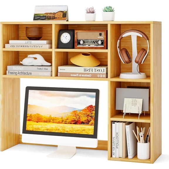 Springg Desktop Bookshelf, 37" Countertop Storage Hutch with 7 Cubes & 3 Adjustable Shelves, 3-Tier Desk Display Rack Organizer, Multipurpose Wood Desktop Hutch for Dorm Home Office (Burlywood)
