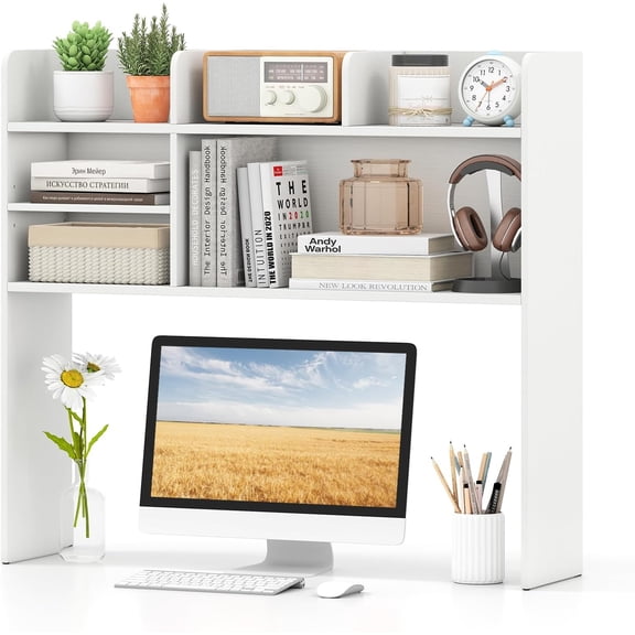 Springg Desktop Bookshelf for Computer Up to 32, 37 Countertop Storage Hutch with 6 Storage Shelves, 3-Tier Desktop Organizer Display Rack, Wooden Desk Hutch for Dorm Home Office (White)