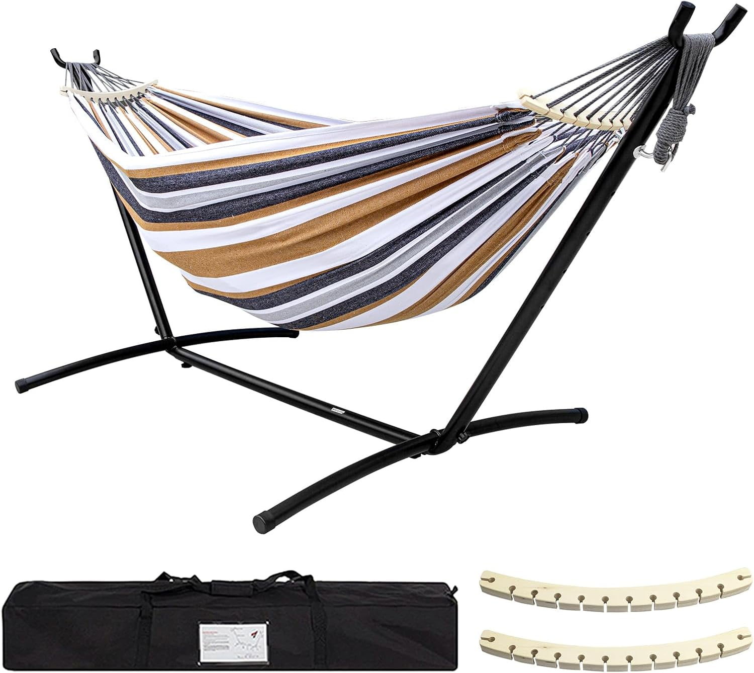 Springg Double Hammock with Stand Included 450lb Capacity Steel Stand, Premium Carry Bag Included and Two Anti Roll Balance Beam, Portable Hammock with Stand for Backyard, Camping,Garden Brown Stripe