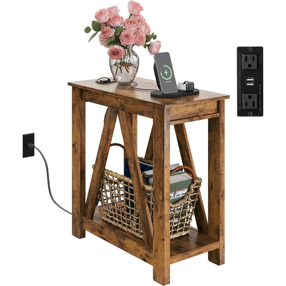 Springg Farmhouse End Table, Narrow Side Table with Charging Station, Slim End Table, Side Table for Bedroom, Living Room, Small Spaces, 2 USB and 2 Power Outlets, Rustic Brown