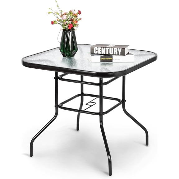 Springg Glass Patio Table with Umbrella Hole, 32" Square Outdoor Dining Table Steel Tempered Glass Patio Tables Outdoor Tables for Balcony Garden Deck