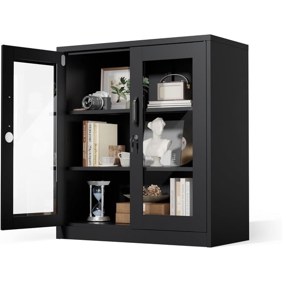 Springg Lockable Display Cabinet with Glass Door & 3ble Shelves, 35.5" H Metal Storage Cabinet Curio Liquor, Bookshelf Bookcase for Home Office Living Room Pantry Garage (Black)