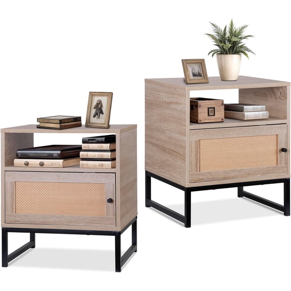 Springg Nightstand Set of 2 Rattan End Table Small Bedside Table Accent Sofa Table Mid Century Side Tables with Storage Drawer for Living Room Bedroom and Small Spaces, Metal Natural