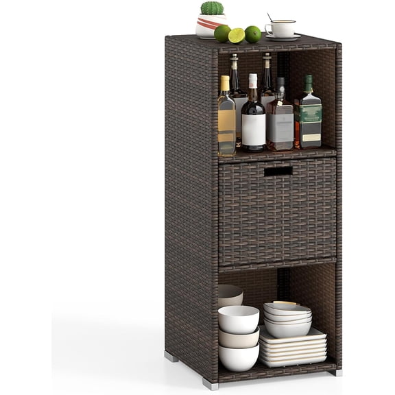 Springg Rattan Outdoor Storage Cabinet, Patiojoy Outdoor Wicker Cabinet with 3 Shelves, 1 Removable Drawer, Patio Storage Deck Box for Backyard Poolside Porch