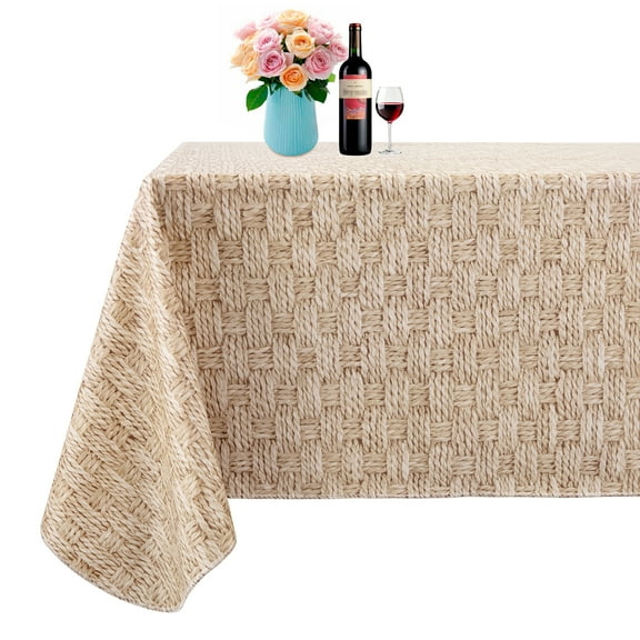 Springrain Woven Pattern Tablecloth - Beige Rectangular Waterproof Flannel-Backed Table Cover for Dining Room, Kitchen, Patio, 1 Pack