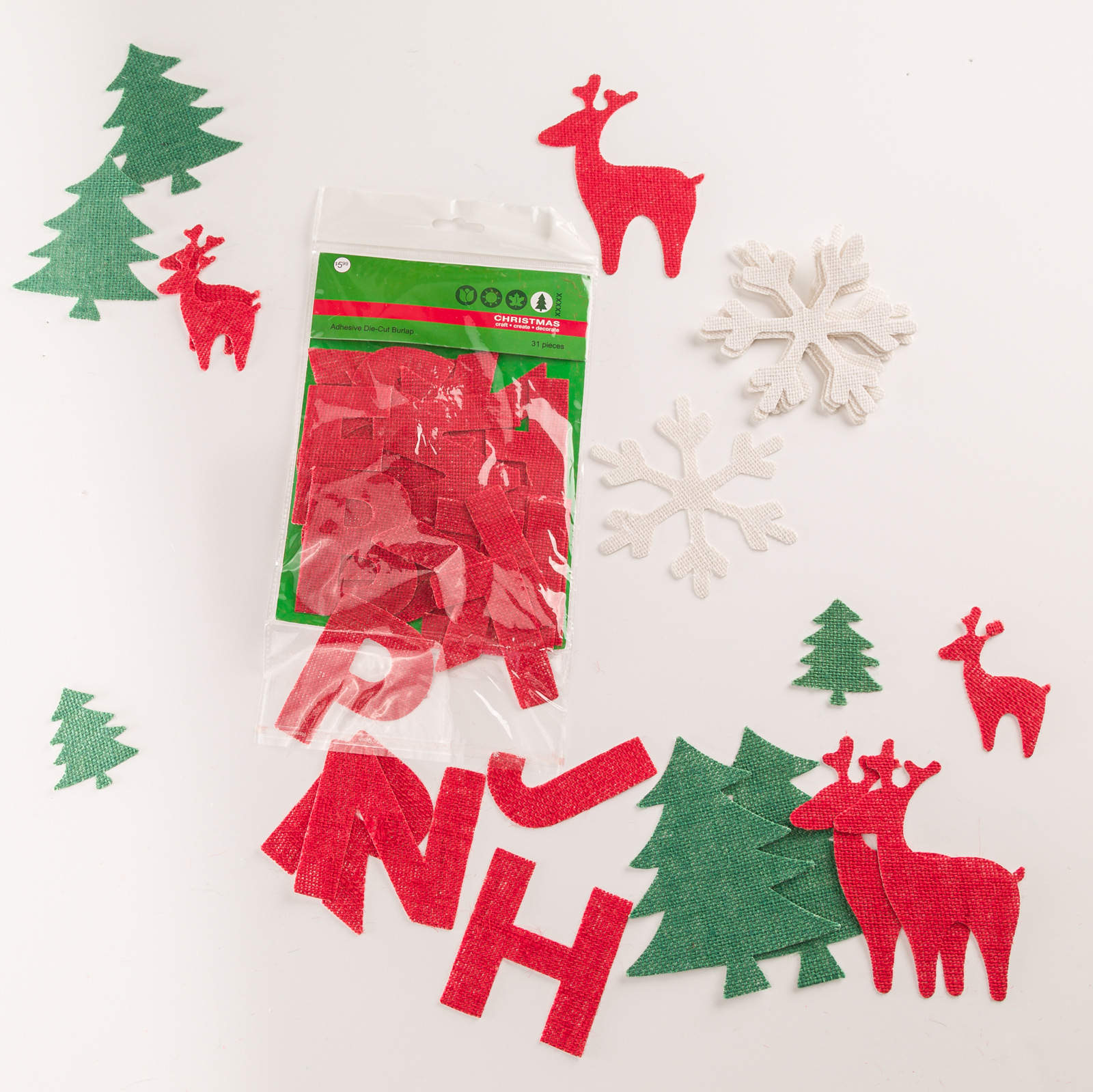 Springs Creative Christmas Burlap Adhesive Shapes Bundle, 49 Pieces