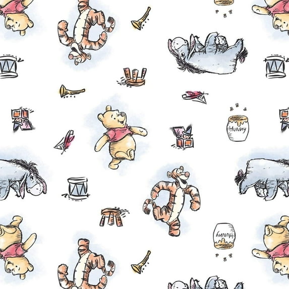 Springs Creative Disney Winnie the Pooh and Friends Tossed White 100% Cotton Fabric by 1/2 of a Yard