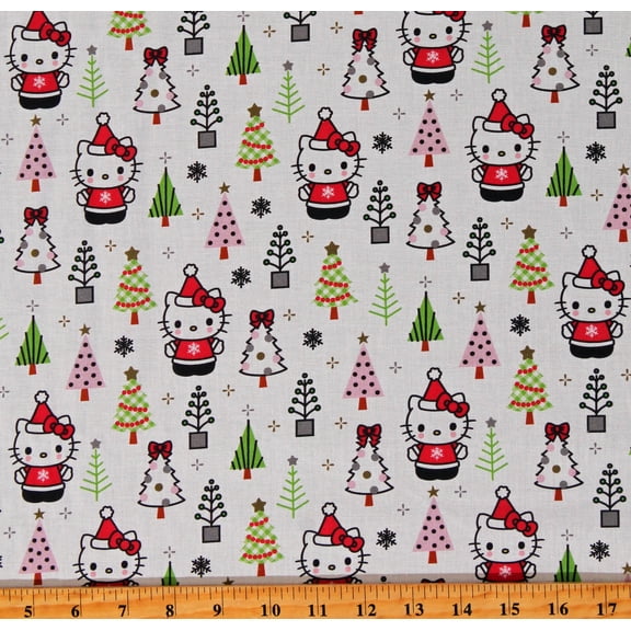 Cotton Hello Kitty Christmas Trees Snowflakes White Cotton Fabric Print by the Yard (77990-A62078)