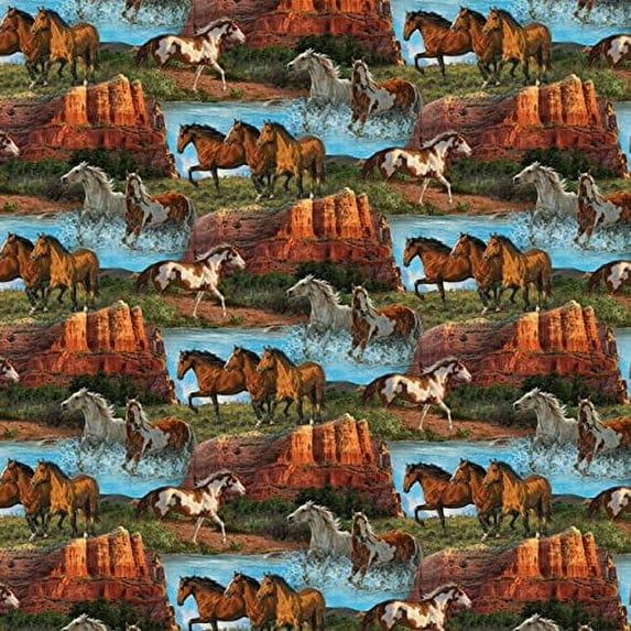 Springs Creative Wild Wings Horse Fabric Rivers Edge Scenic Fabric 100% Cotton Fabric sold by the yard