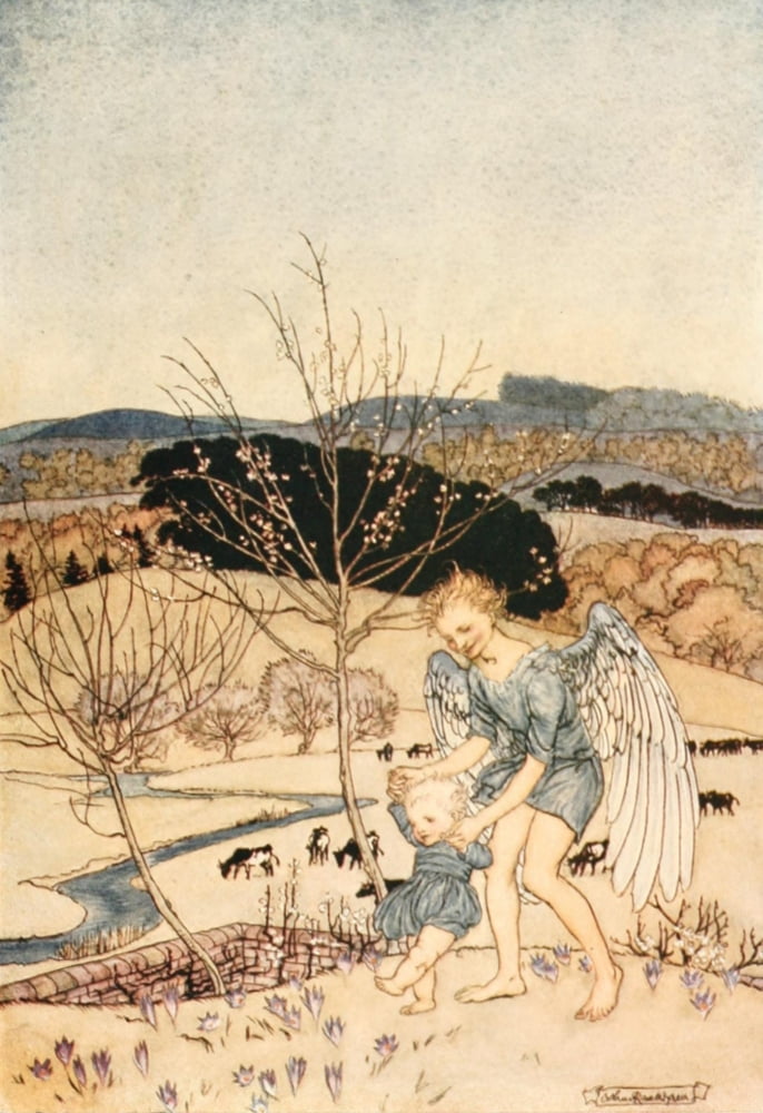 Springtide of Life 1918 Love laughing leads the little feet away Canvas Art - Arthur Rackham (18 x 24)