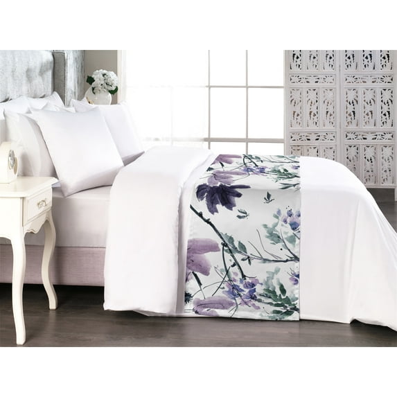 Springtime Bed Runner, Romantic Blossoming Watercolor Flower Petals Delicate Branches of Love, Decorative Accent Bedding Scarf for Hotels Homes & Guest Rooms, Queen, Laurel Green Mauve, by Ambesonne