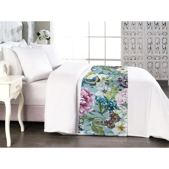 Springtime Bed Runner, Romantic Wild Nature Themed Flowers Vintage Butterfly and Bird Print, Decorative Accent Bedding Scarf for Hotels Homes & Guest Rooms, Queen, Cadet Blue Multicolor, by Ambesonne