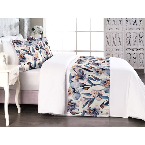 Springtime Bed Runner Set, Alstroemeria Flowers with Nude Colors and Peduncles of Spring Art, Decorative Bedding Scarf & 2 Pillow Shams for Hotels Homes, Queen, Lavender Blue Pale Orange, by Ambesonne