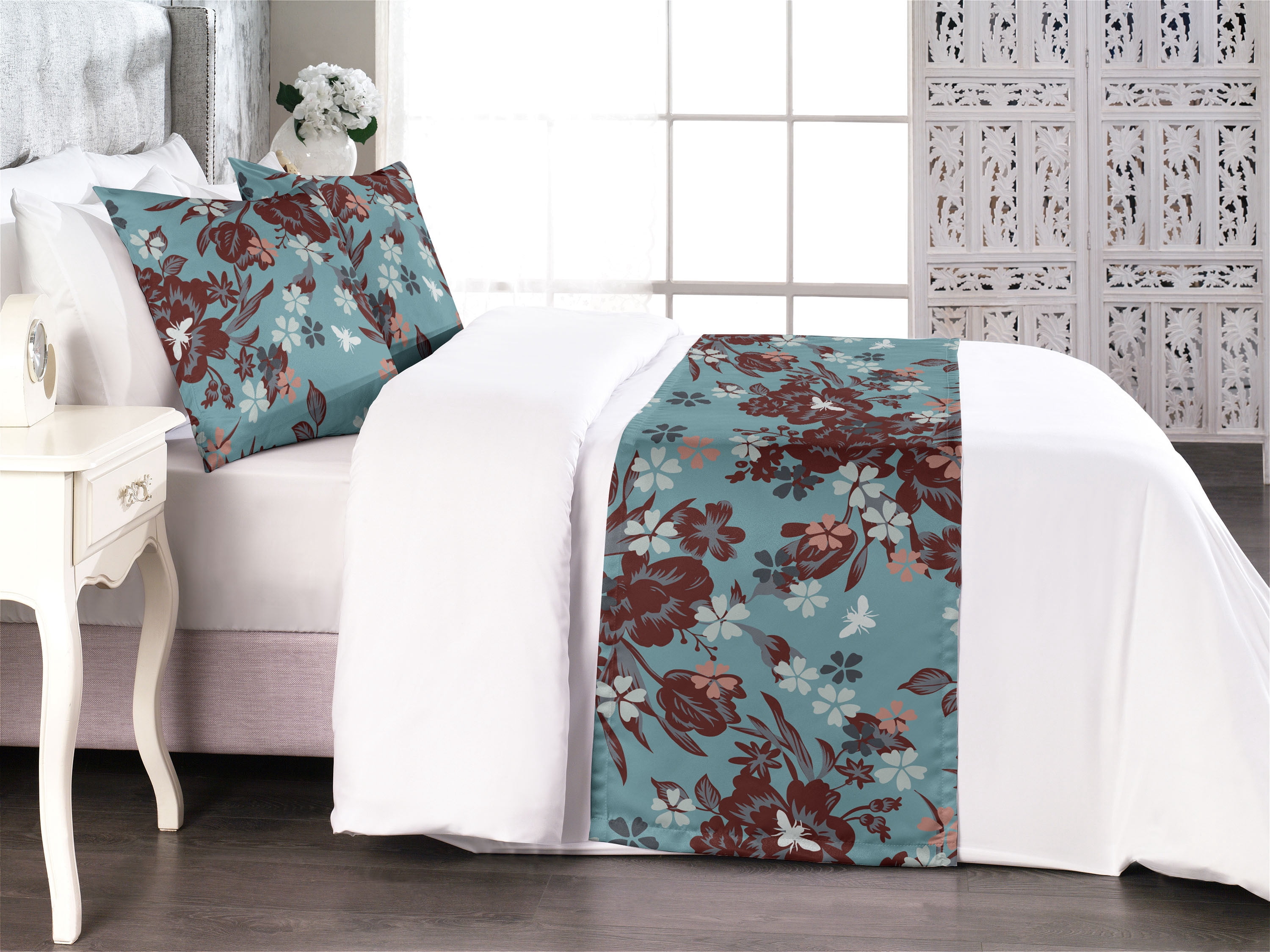 Springtime Bed Runner Set, Dreamy Pattern of Jungle Boho Flowers and ...