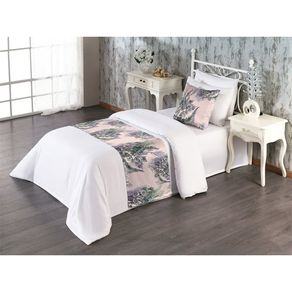 Springtime Bed Runner Set, Romantic Bouquet Nature Meadow Flowers Vintage Lover in Watercolor, Decorative Bedding Scarf & a Pillow Sham for Hotels Homes, Twin, Rose Lilac and Pale Teal, by Ambesonne