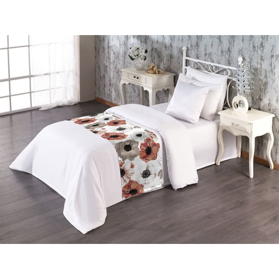 Springtime Bed Runner, Watercolor Style Illustrated Delicate Flowers Vintage on Plain Back, Decorative Accent Bedding Scarf for Hotels Homes & Guest Rooms, Twin, Pale Maroon Taupe Grey, by Ambesonne