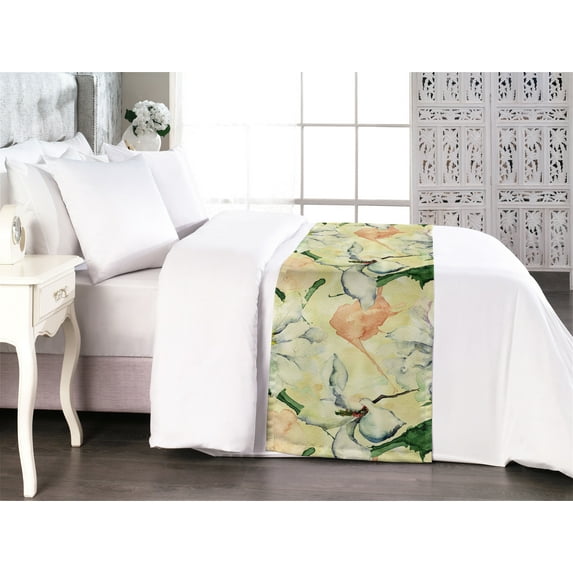 Springtime Bed Runner, Watercolor Wild Flowers with Leaves and Petals in Peachy Details, Decorative Accent Bedding Scarf for Hotels Homes & Guest Rooms, Queen, Grey Yellow Hunter Green, by Ambesonne