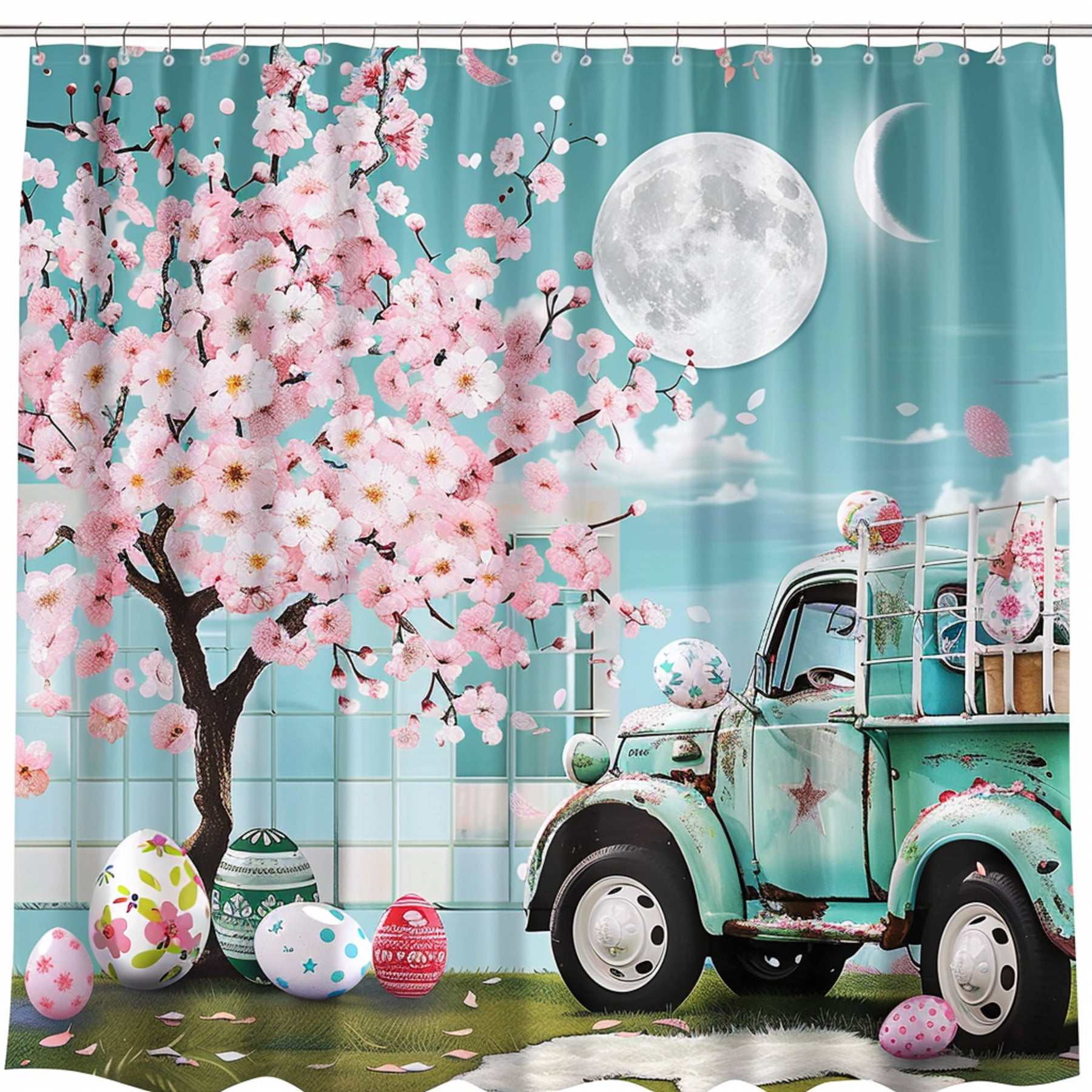Springtime Bliss Shower Curtain featuring Easter Truck Cherry Blossoms