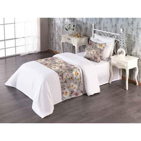 Springtime Boho Bed Runner Set, Nature Themed Neutral Colors Dreamy Sunflowers Butterfly Print, Decorative Bedding Scarf & a Pillow Sham for Hotels Homes, Twin, Apricot and Dried Rose, by Ambesonne