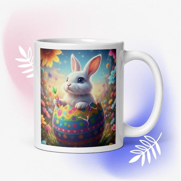 Springtime Bunny Easter Egg Ceramic Mug, Watercolor Rabbit Pastel Floral Print.