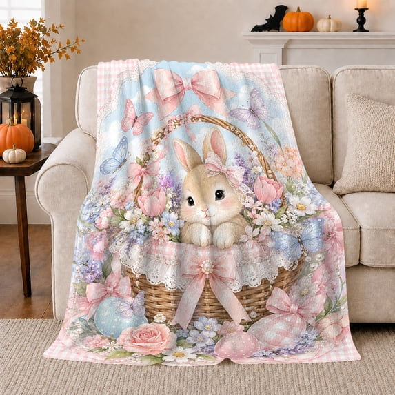 Springtime Bunny Flower Basket Scene Easter, Festive Botanical Garden Scene, Warm Flannel Blanket for Sunroom and Reading Nook, Garden Lovers Easter Gift, Festive Home Decor