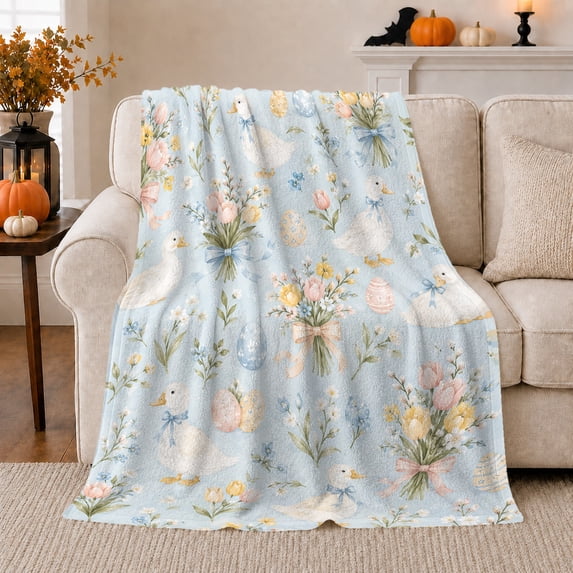 Springtime Easter Ducks Speckled Floral Eggs Whimsical Watercolor, Playful Bird Art Scene, Warm Flannel Blanket for Living Room and Reading Nook, Bird Lovers Easter Gift, Artistic Home Decor