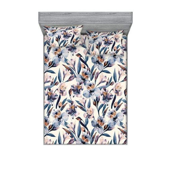 Springtime Fitted Sheet & Pillow Sham Set, Alstroemeria Flowers with Nude Colors and Peduncles of Spring Art, Decorative Printed 3 Piece Bedding Decor, Full, Lavender Blue Pale Orange, by Ambesonne