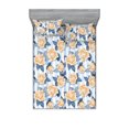 thumbnail image 1 of Springtime Fitted Sheet & Pillow Sham Set, Autumn Vibes Garden Scene Rose Pattern on Striped Backdrop Art, Decorative Printed 3 Piece Bedding Decor, Calking, Pale Sky Blue Pale Orange, by Ambesonne, 1 of 2
