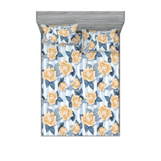 Springtime Fitted Sheet & Pillow Sham Set, Autumn Vibes Garden Scene Rose Pattern on Striped Backdrop Art, Decorative Printed 3 Piece Bedding Decor, Calking, Pale Sky Blue Pale Orange, by Ambesonne