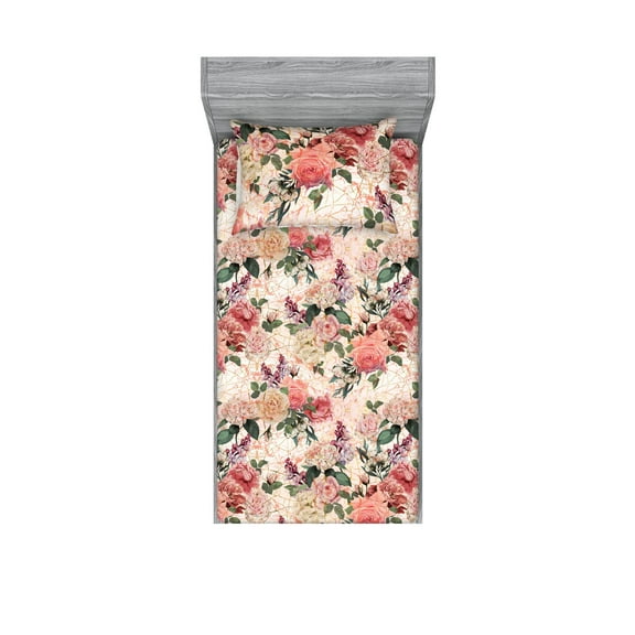 Springtime Fitted Sheet & Pillow Sham Set, Delicate Rose Pattern with Leafy Ornaments on Grunge Backdrop Art, Decorative Printed 2 Piece Bedding Decor, Twin, Pastel Pink Forest Green, by Ambesonne