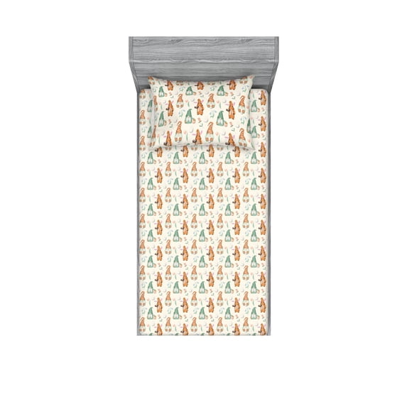 Springtime Fitted Sheet & Pillow Sham Set, Easter Themed Gnome Pattern With Flowers Vintage on Plain Backdrop, Decorative Printed 2 Piece Bedding Decor, Twin, Off White Persian Orange, by Ambesonne