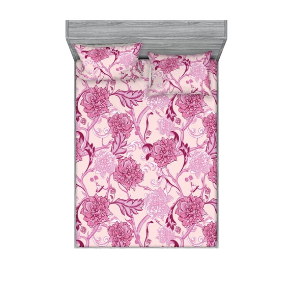 Springtime Fitted Sheet & Pillow Sham Set, Jungle Boho Inspired Blooming Peony and Twig Pattern Floral Design Artwork, Decorative Printed 3 Piece Bedding Decor, Queen, Rose Pastel Pink, by Ambesonne