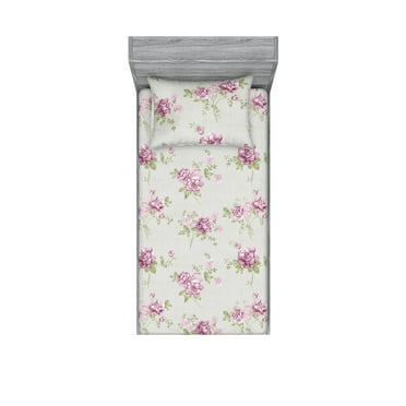 Springtime Fitted Sheet & Pillow Sham Set, Neutral Colors Cottagecore British Garden Flowers Vintage with Leaves, Decorative Printed 2 Piece Bedding Decor, Twin, Pistachio Green Lilac, by Ambesonne