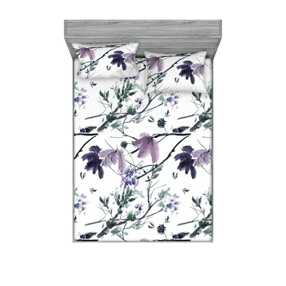 Springtime Fitted Sheet & Pillow Sham Set, Romantic Blossoming Watercolor Flower Petals Delicate Branches of Love, Decorative Printed 3 Piece Bedding Decor, Queen, Laurel Green Mauve, by Ambesonne