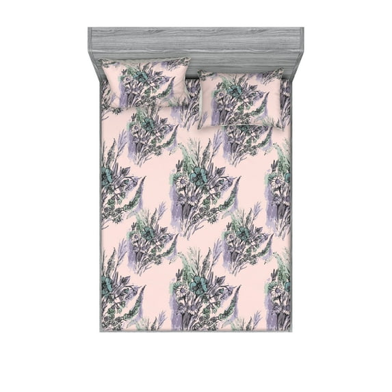 Springtime Fitted Sheet & Pillow Sham Set, Romantic Bouquet Nature Meadow Flowers Vintage Lover in Watercolor, Decorative Printed 3 Piece Bedding Decor, Calking, Rose Lilac and Pale Teal, by Ambesonne
