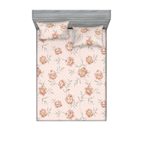 Springtime Fitted Sheet & Pillow Sham Set, Romantic Inspired Cottagecore Floral Design on Lattice Pattern Art, Decorative Printed 3 Piece Bedding Decor, Full, Pale Pink Pale Salmon, by Ambesonne