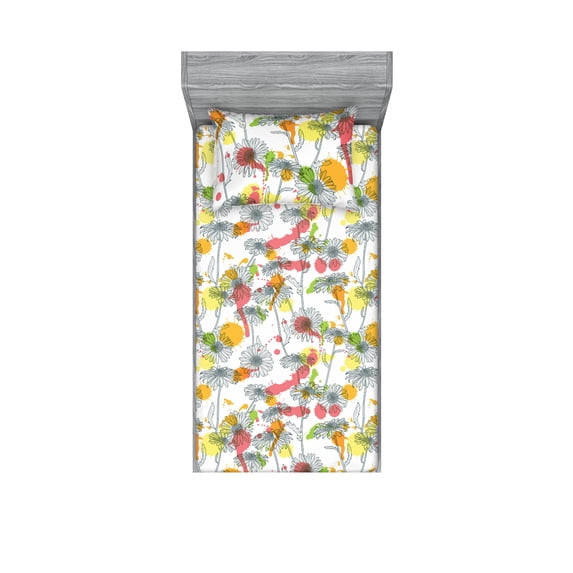 Springtime Fitted Sheet & Pillow Sham Set, Sketch Style Chamomile Artwork With Colorful Design Hues on Plain Backdrop, Decorative Printed 2 Piece Bedding Decor, Twinxl, White Multicolor, by Ambesonne